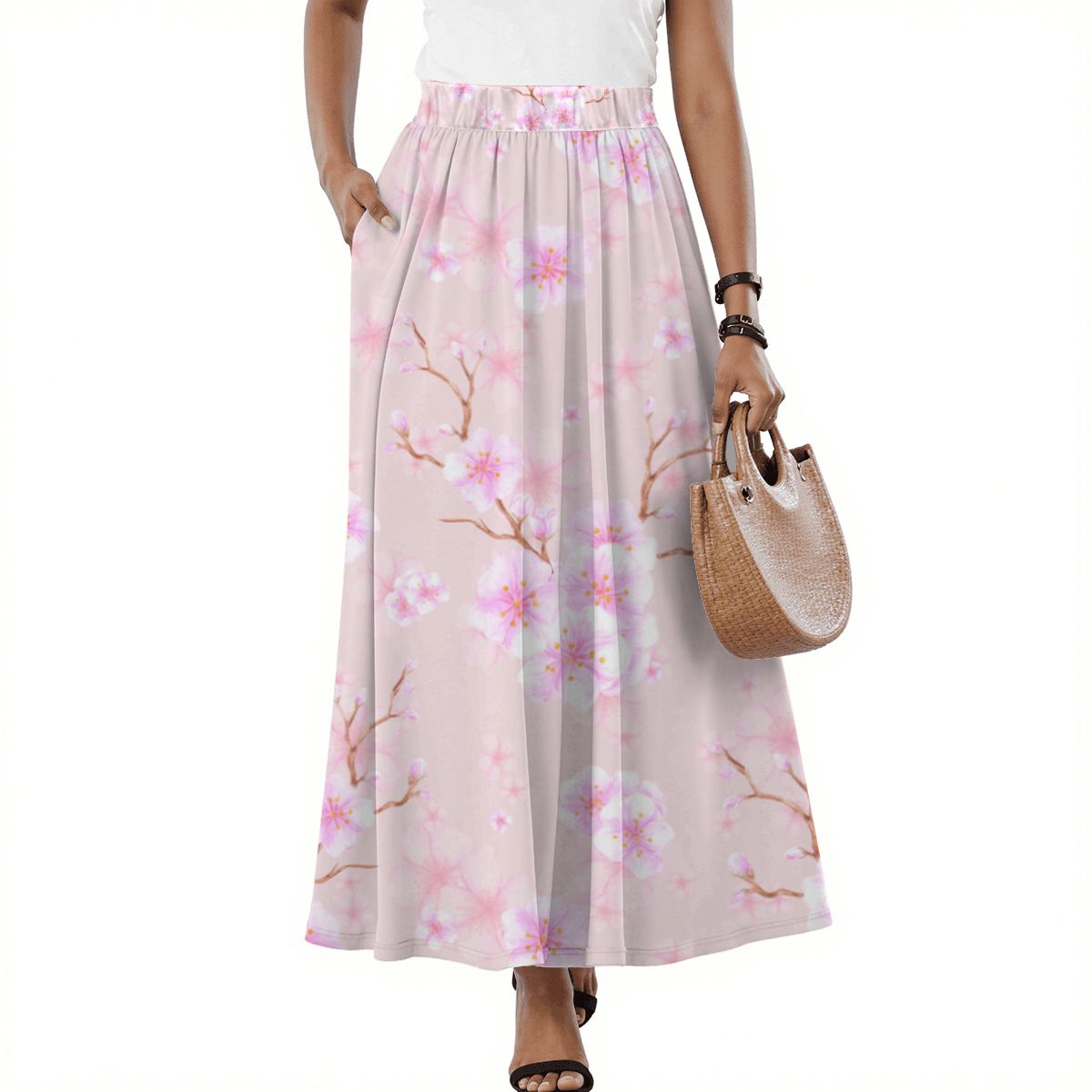Cherry Blossom Midi Skirt with Pockets