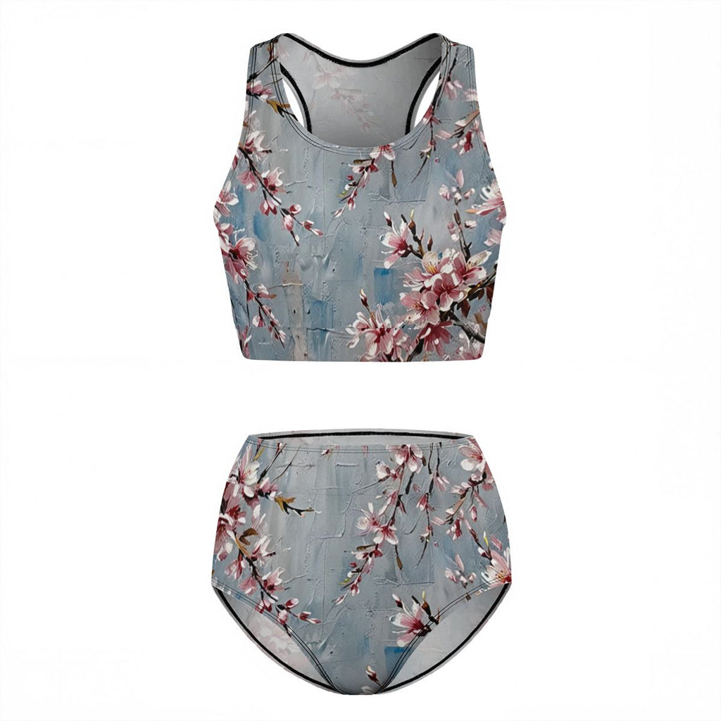 Women's High Blue Cherry Blossom Waisted Bikinis