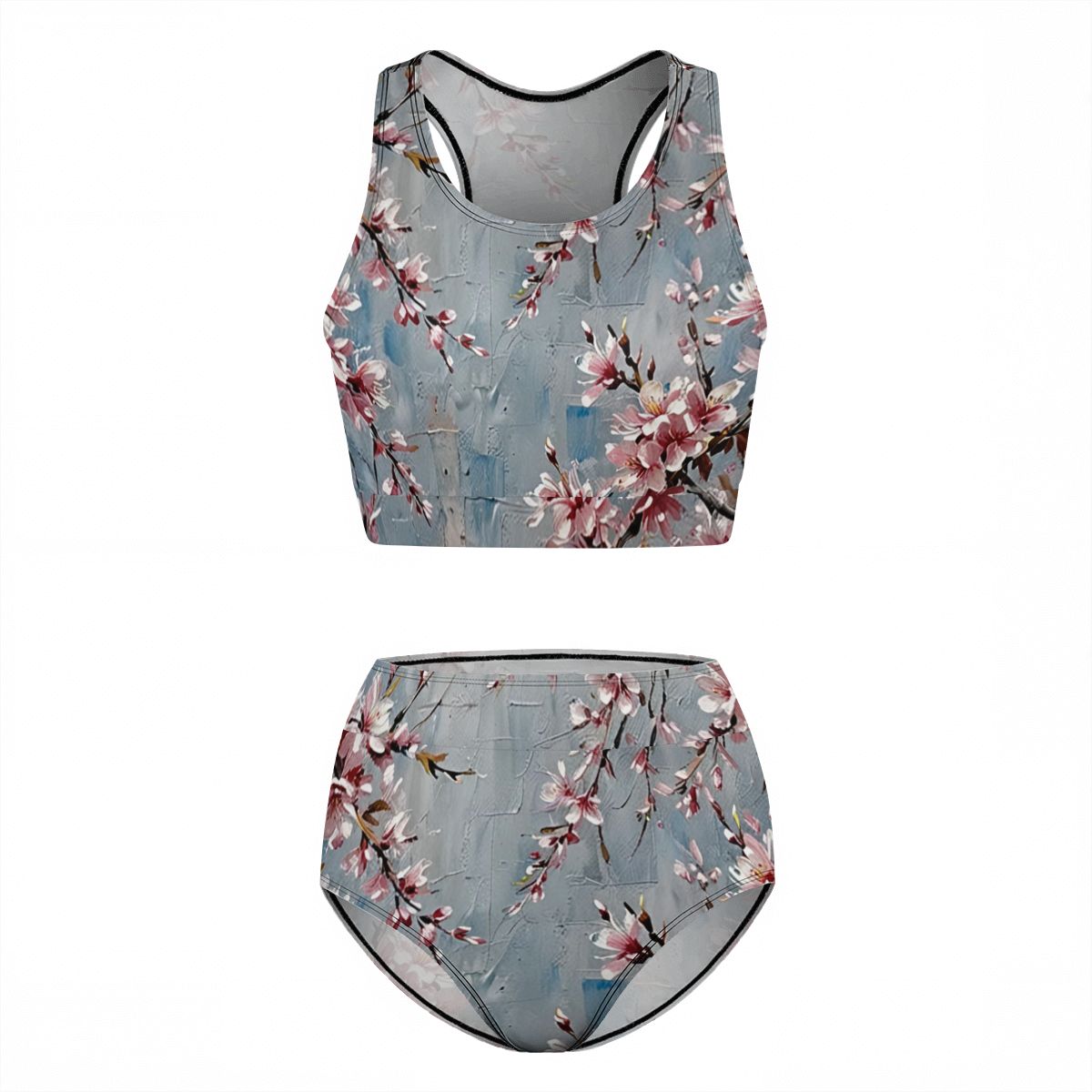 Women's High Blue Cherry Blossom Waisted Bikinis