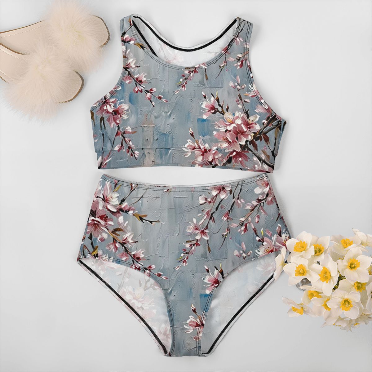 Women's High Blue Cherry Blossom Waisted Bikinis