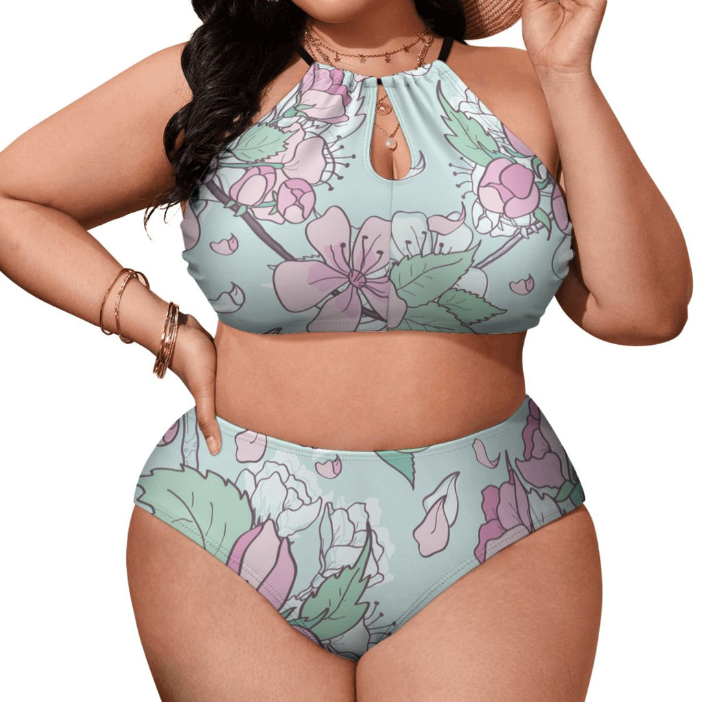 Green Cherry Blossom Plus Size High-Waisted Bikini