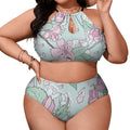 Green Cherry Blossom Plus Size High-Waisted Bikini