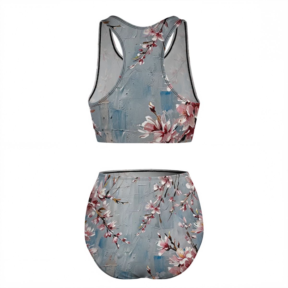 Women's High Blue Cherry Blossom Waisted Bikinis
