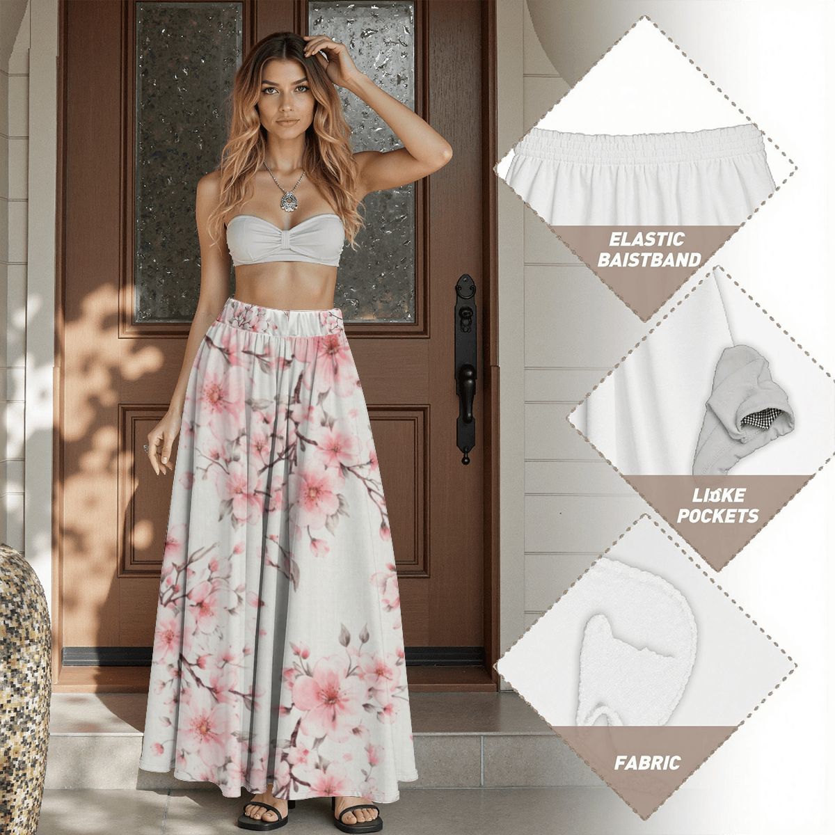 White Midi Skirt with Cherry Blossom and Pockets