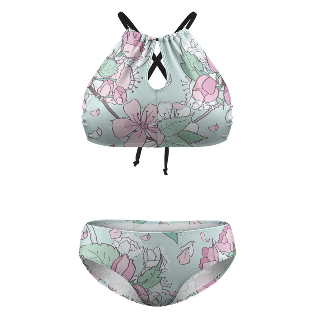 Green Cherry Blossom Plus Size High-Waisted Bikini