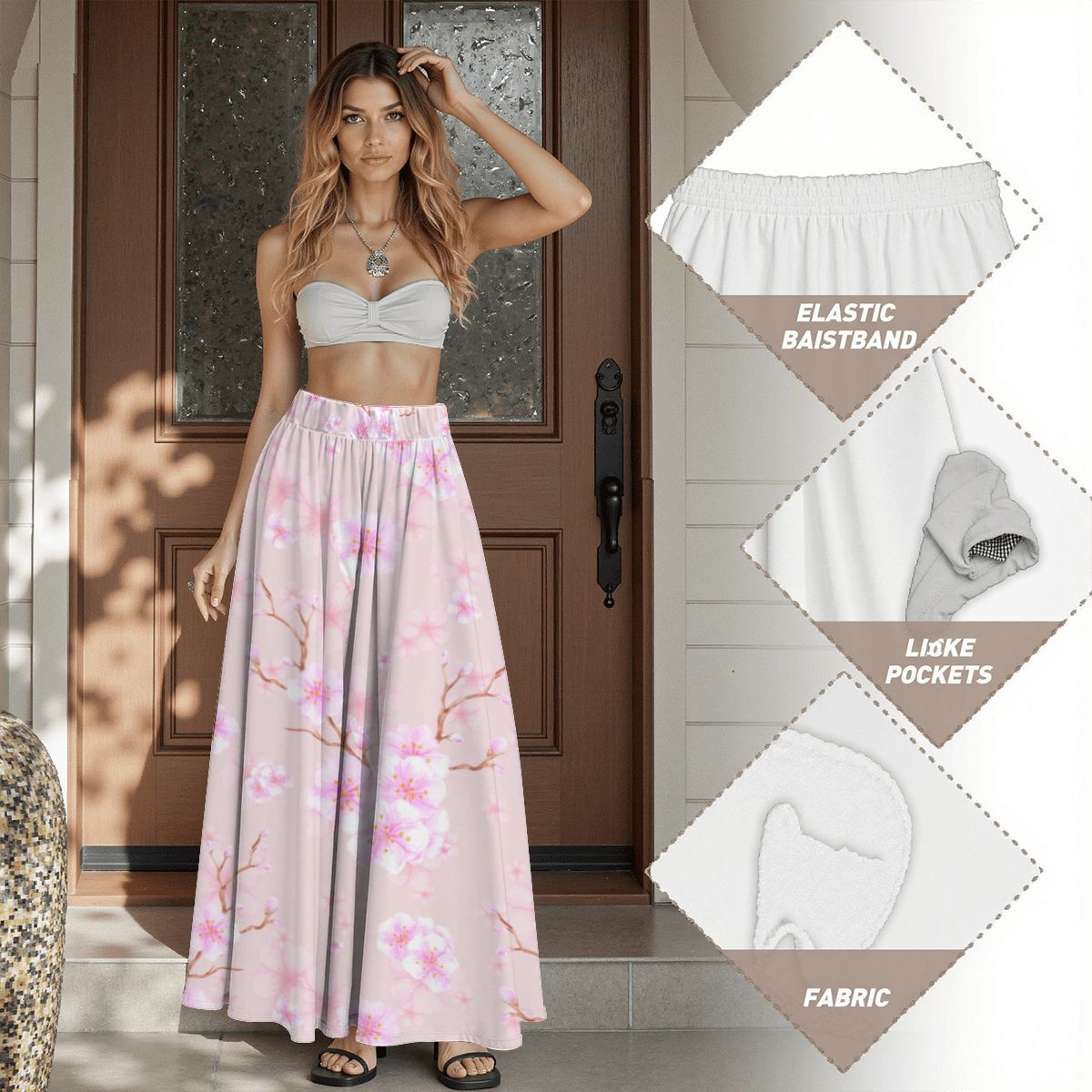 Cherry Blossom Midi Skirt with Pockets