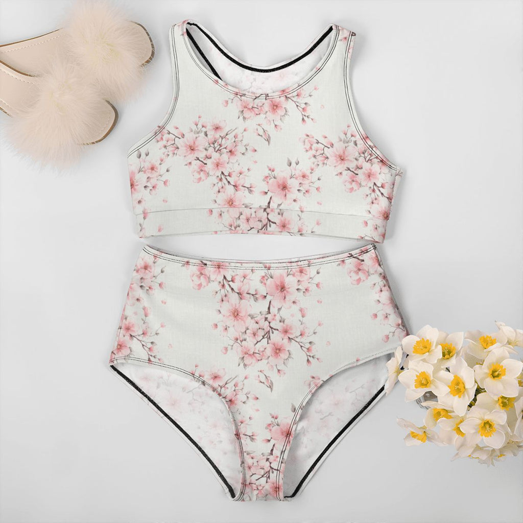 Women's High White Cherry Blossom Waisted Bikinis