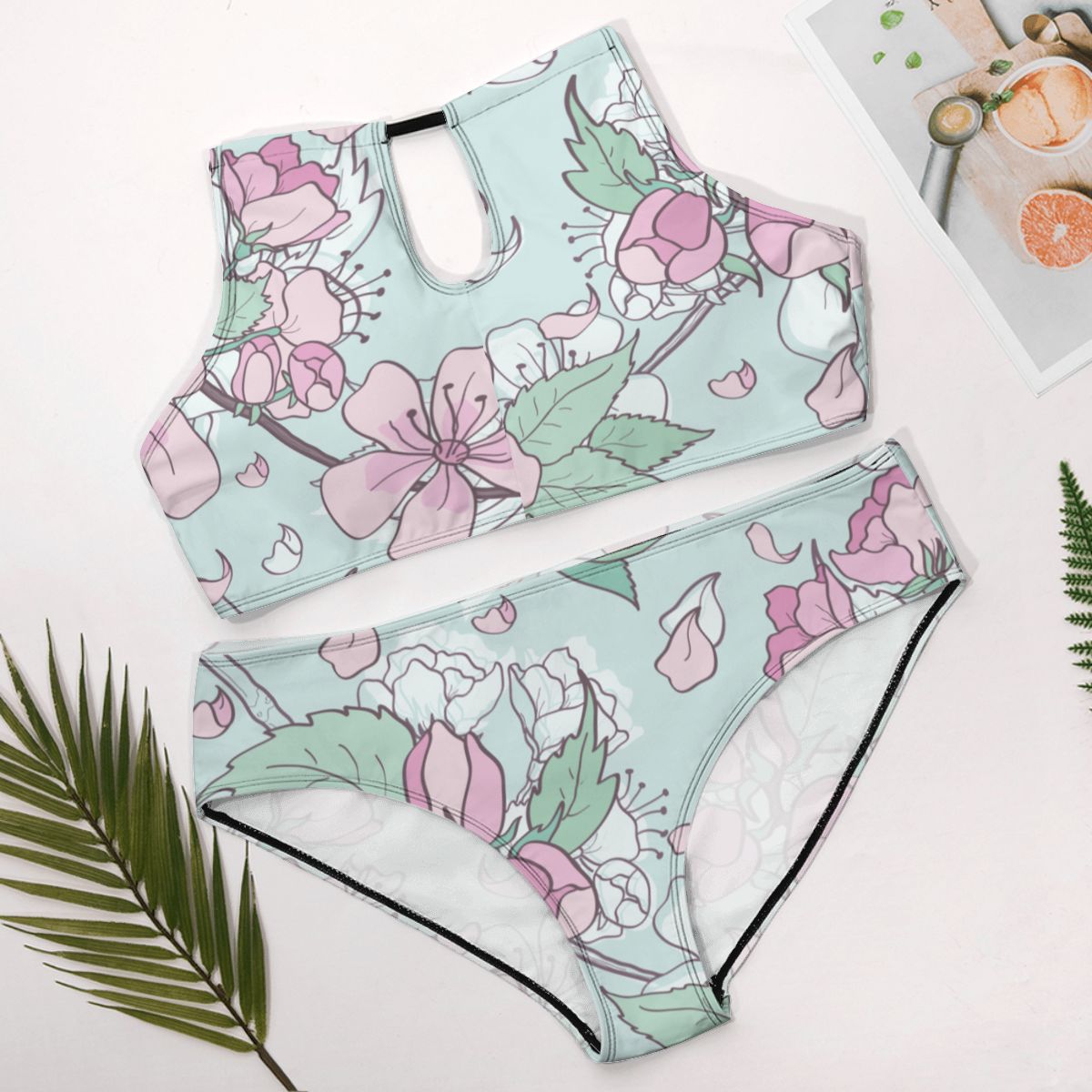 Green Cherry Blossom Plus Size High-Waisted Bikini