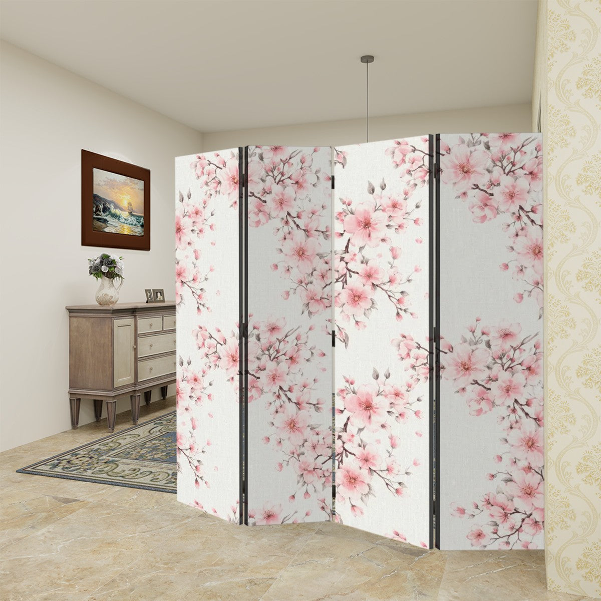 Cherry Blossom White Room Divider Folding Screen 4 Panel
