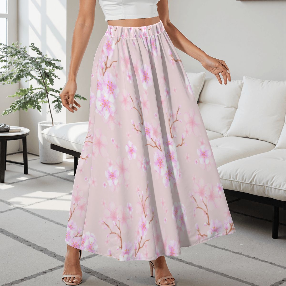 Cherry Blossom Midi Skirt with Pockets