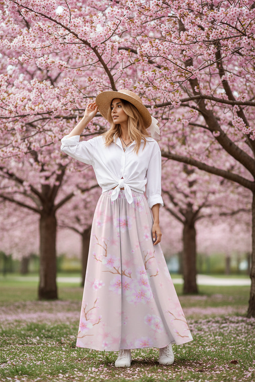 Cherry Blossom Midi Skirt with Pockets