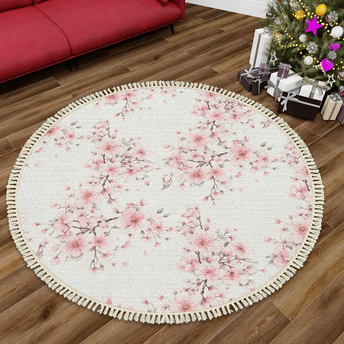 Cherry Blossom Multiple Sizes Round Area Rug with Tassels