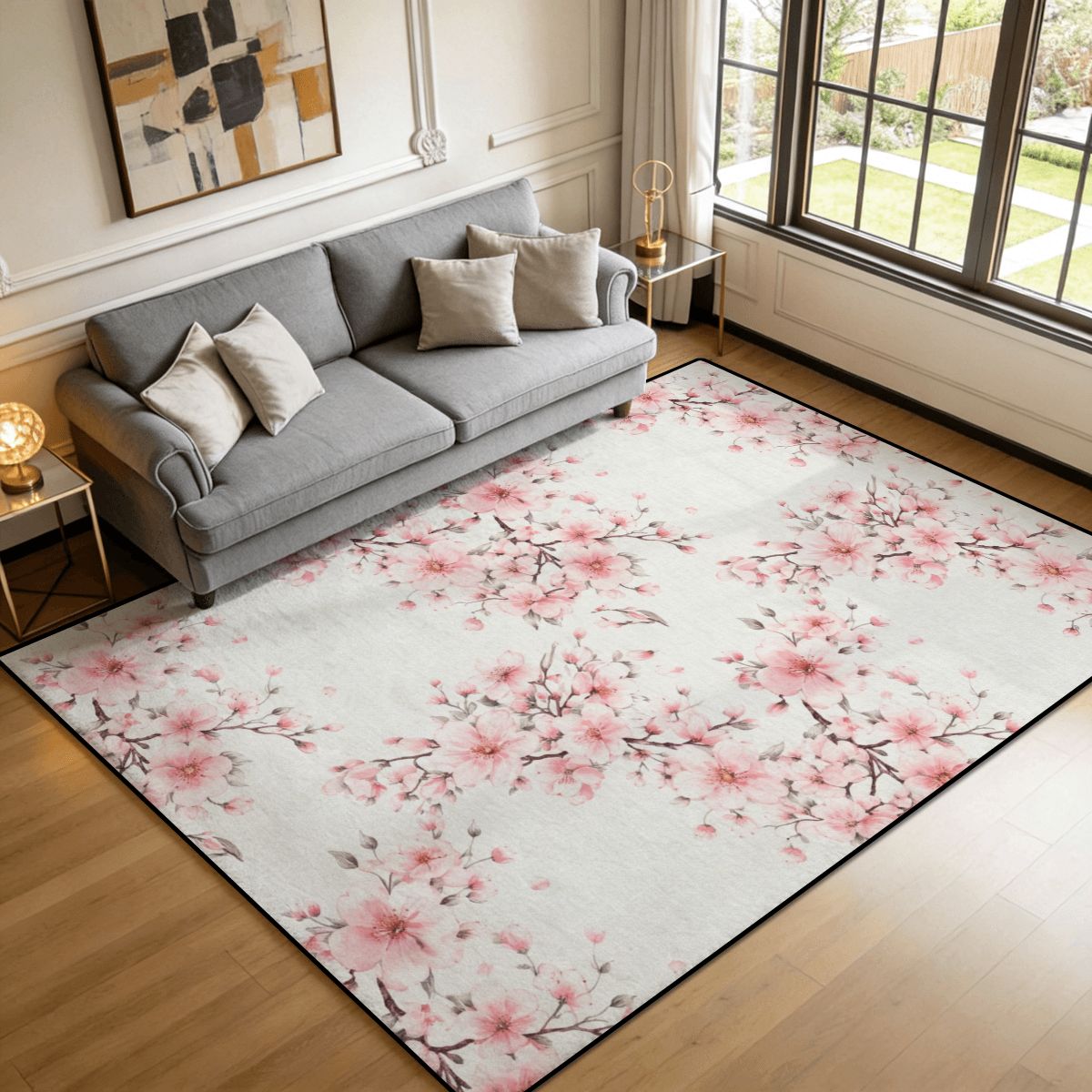 White with Cherry Blossom Area Rug Floor Carpet (4:3)