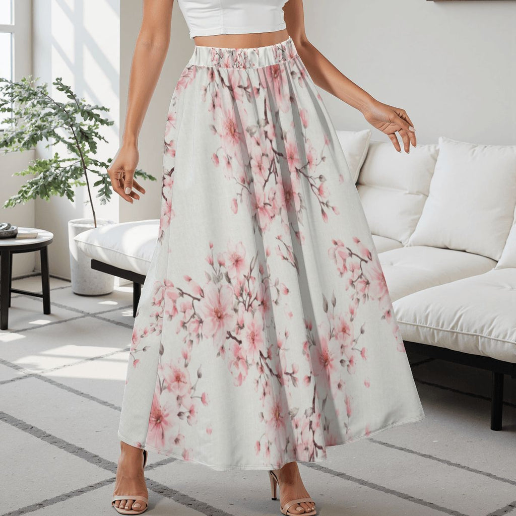 White Midi Skirt with Cherry Blossom and Pockets