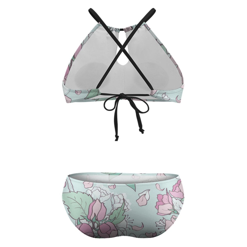 Green Cherry Blossom Plus Size High-Waisted Bikini