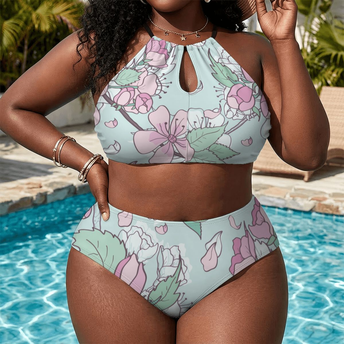 Green Cherry Blossom Plus Size High-Waisted Bikini