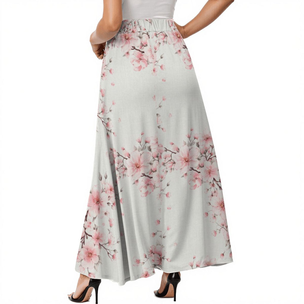 Cherry Blossom White Midi Skirt with Pockets