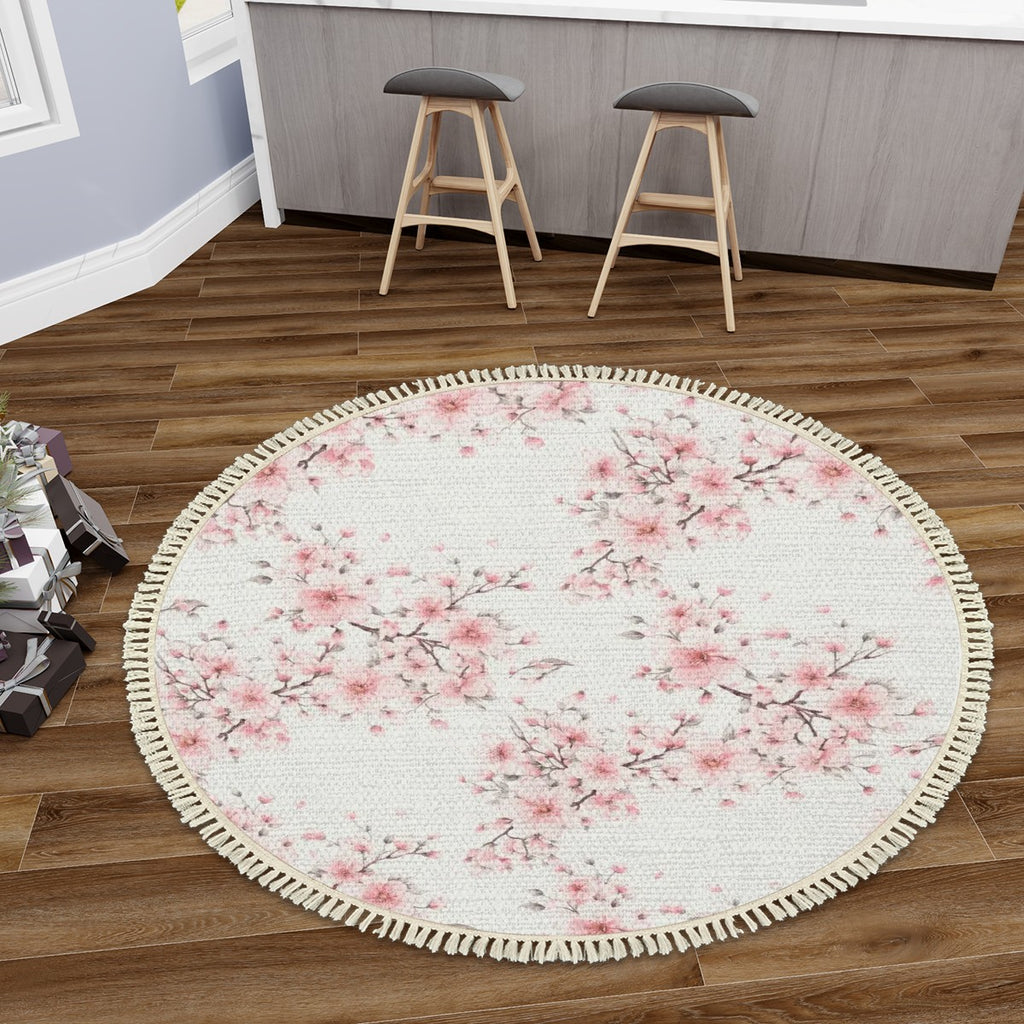 Cherry Blossom Multiple Sizes Round Area Rug with Tassels