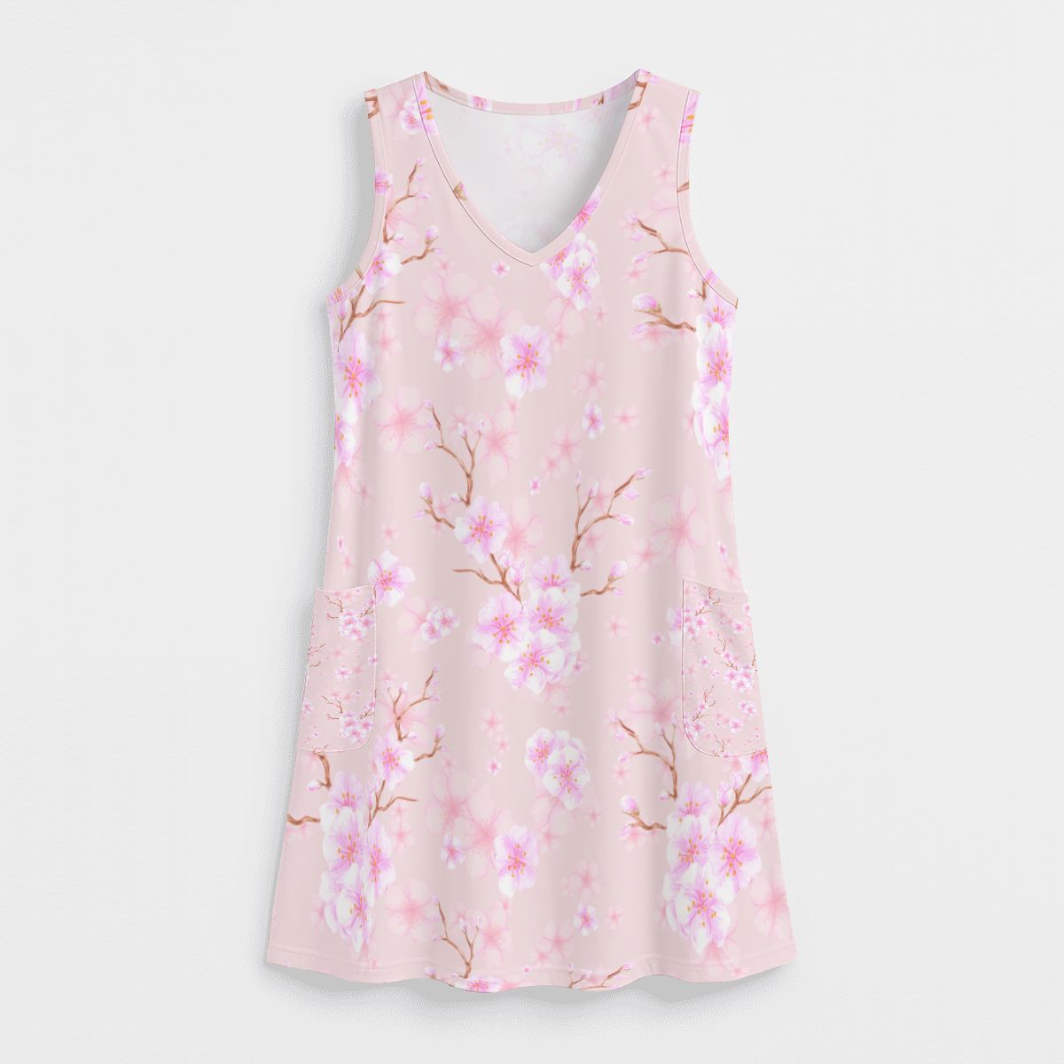 Women's Sleeveless Cherry Blossom Dress with Pockets