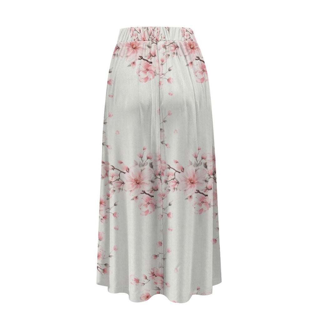 White Midi Skirt with Cherry Blossom and Pockets