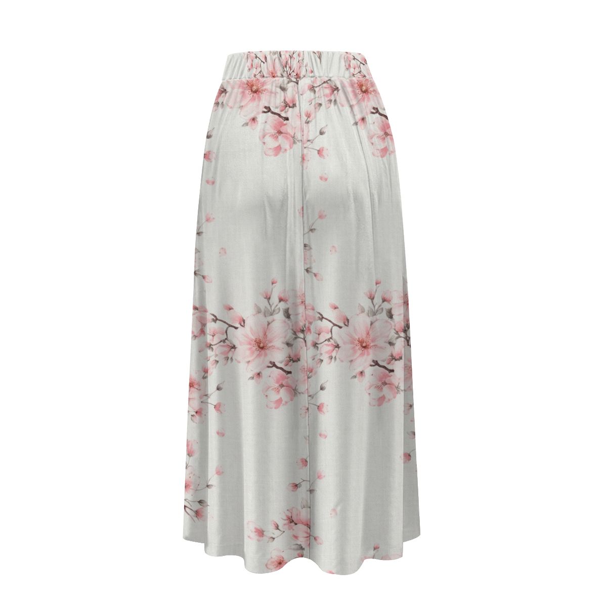 White Midi Skirt with Cherry Blossom and Pockets