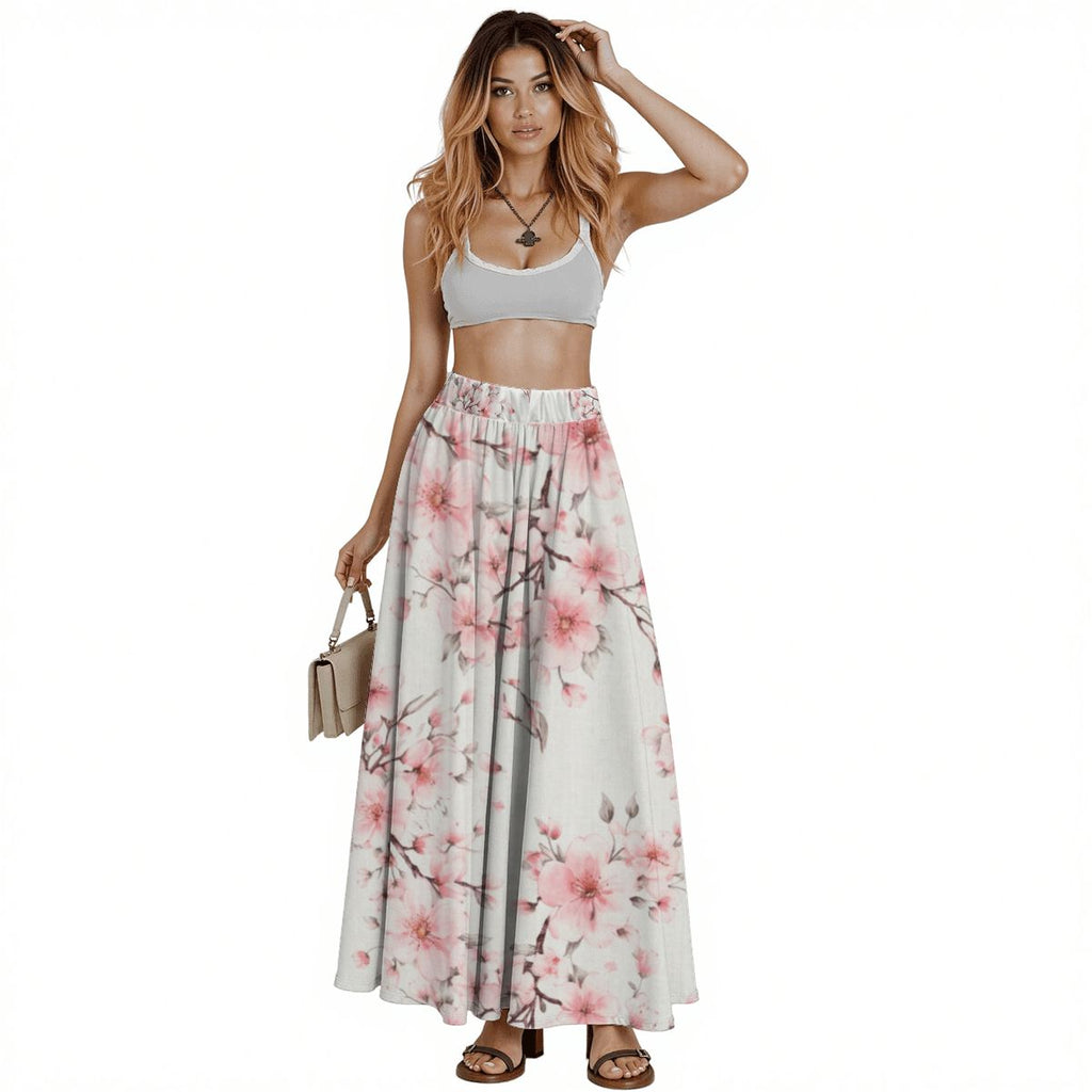 White Midi Skirt with Cherry Blossom and Pockets