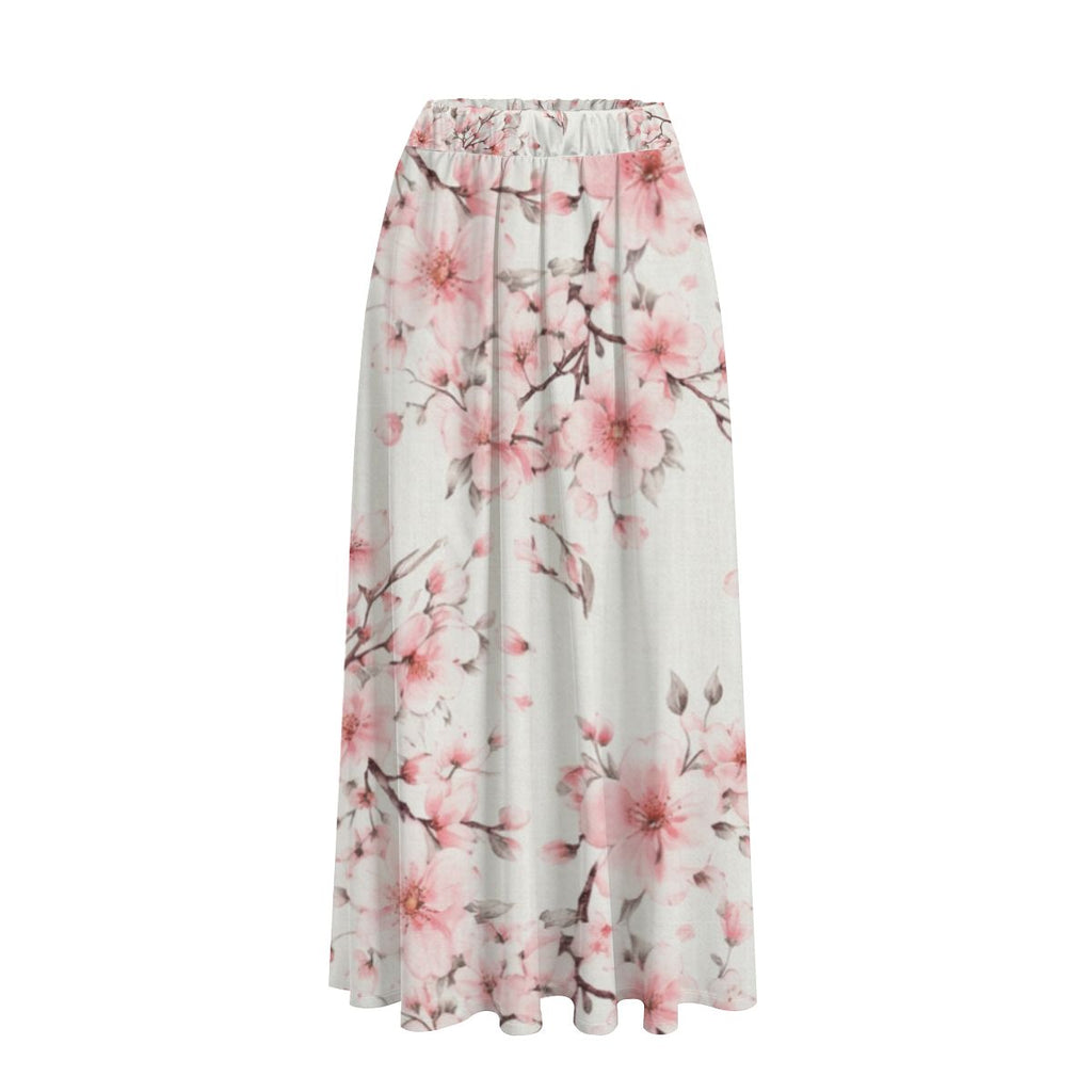 White Midi Skirt with Cherry Blossom and Pockets