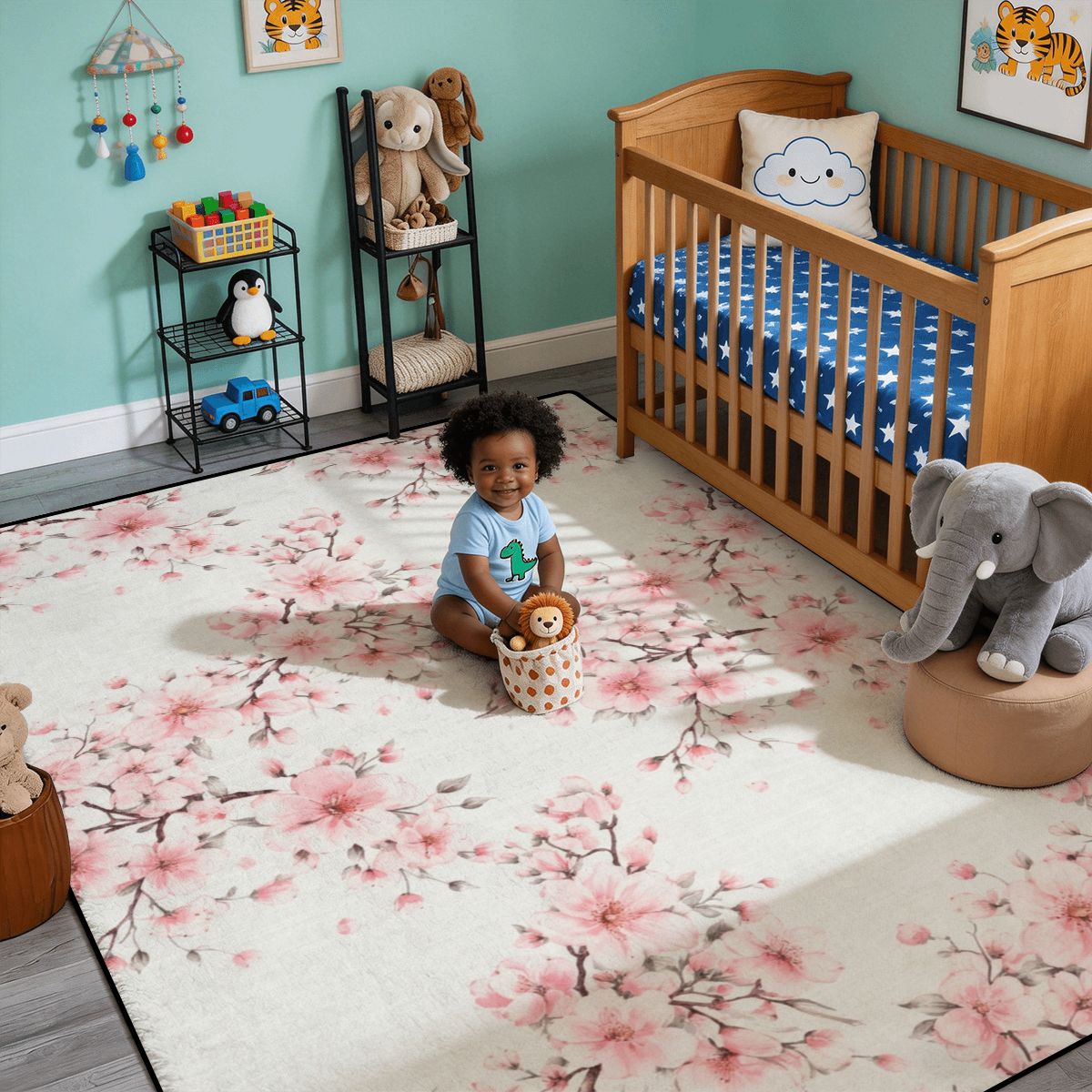 White with Cherry Blossom Area Rug Floor Carpet (4:3)
