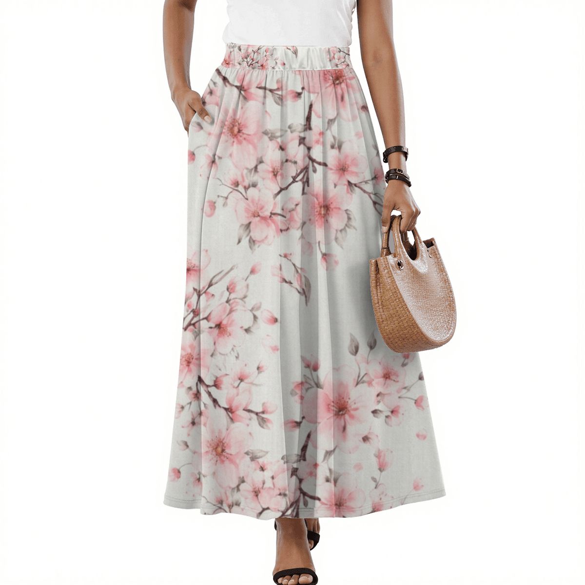 White Midi Skirt with Cherry Blossom and Pockets
